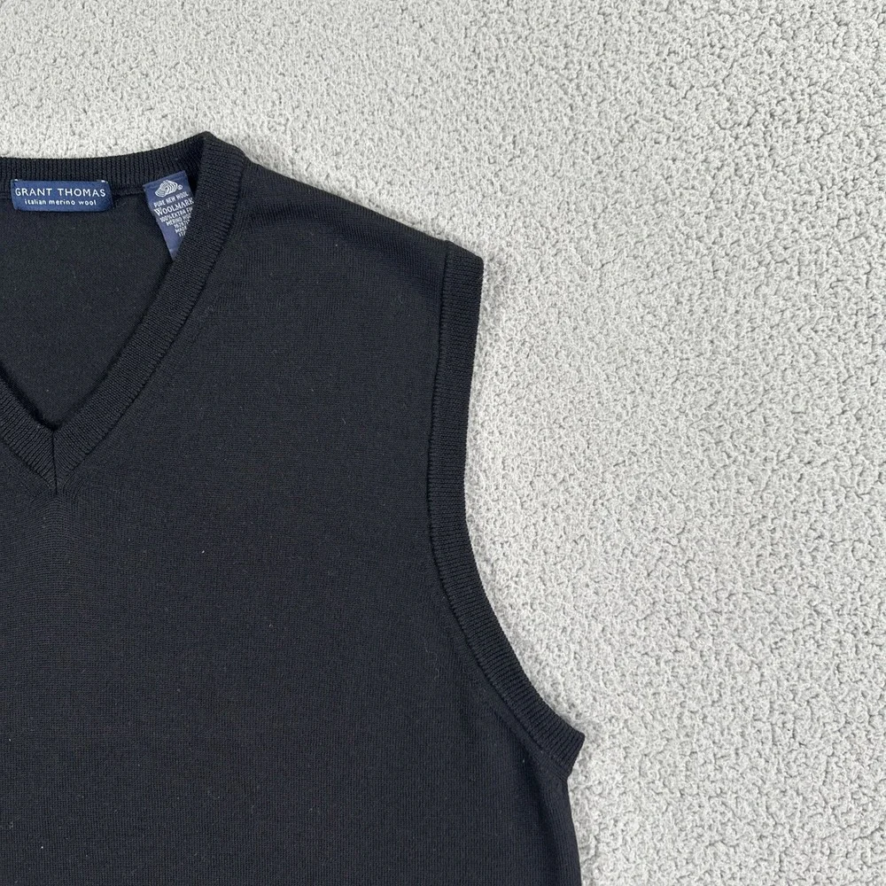Grant Thomas Italian Merino Wool Sweater Vest Men XL Black V-Neck Made in Italy